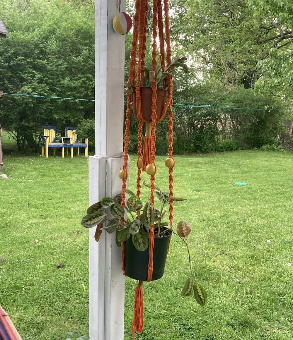 VTG 70s Macrame Double Plant Holder with Owl Beads - 70" Long, Orange